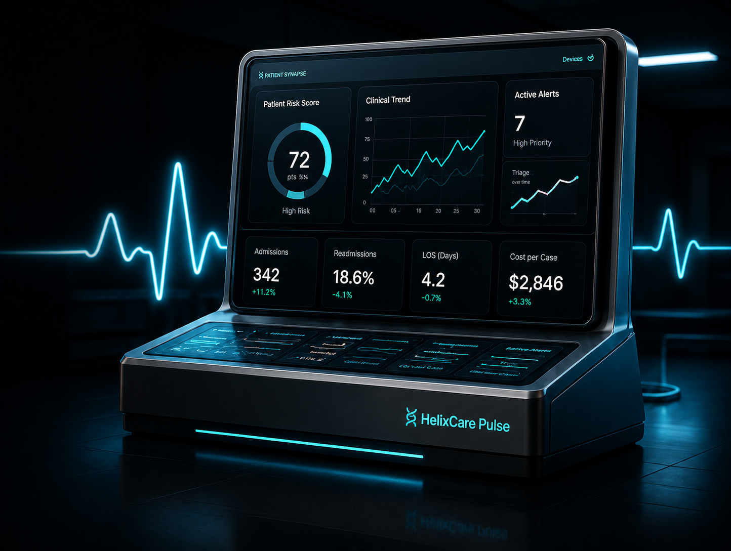HelixCare Pulse dashboard device with ECG pulse line and glossy floor reflection